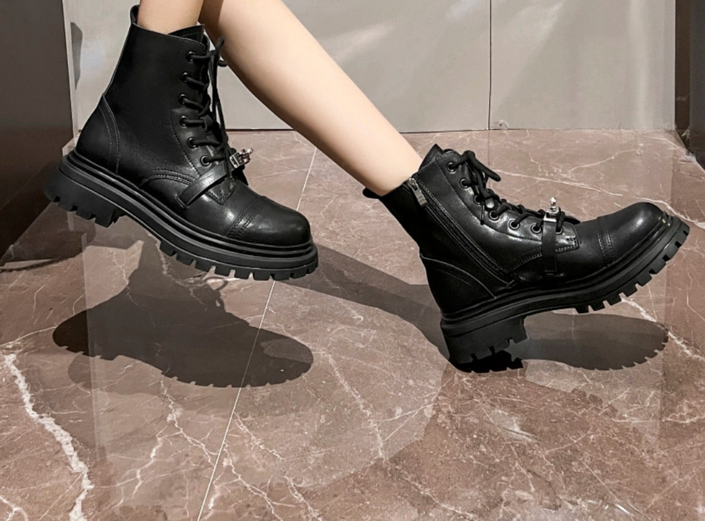 NEW Women's Genuine Leather Combat Boots | Metallic Buckle Detail Ankle Boots | Round Toe Platform Sole