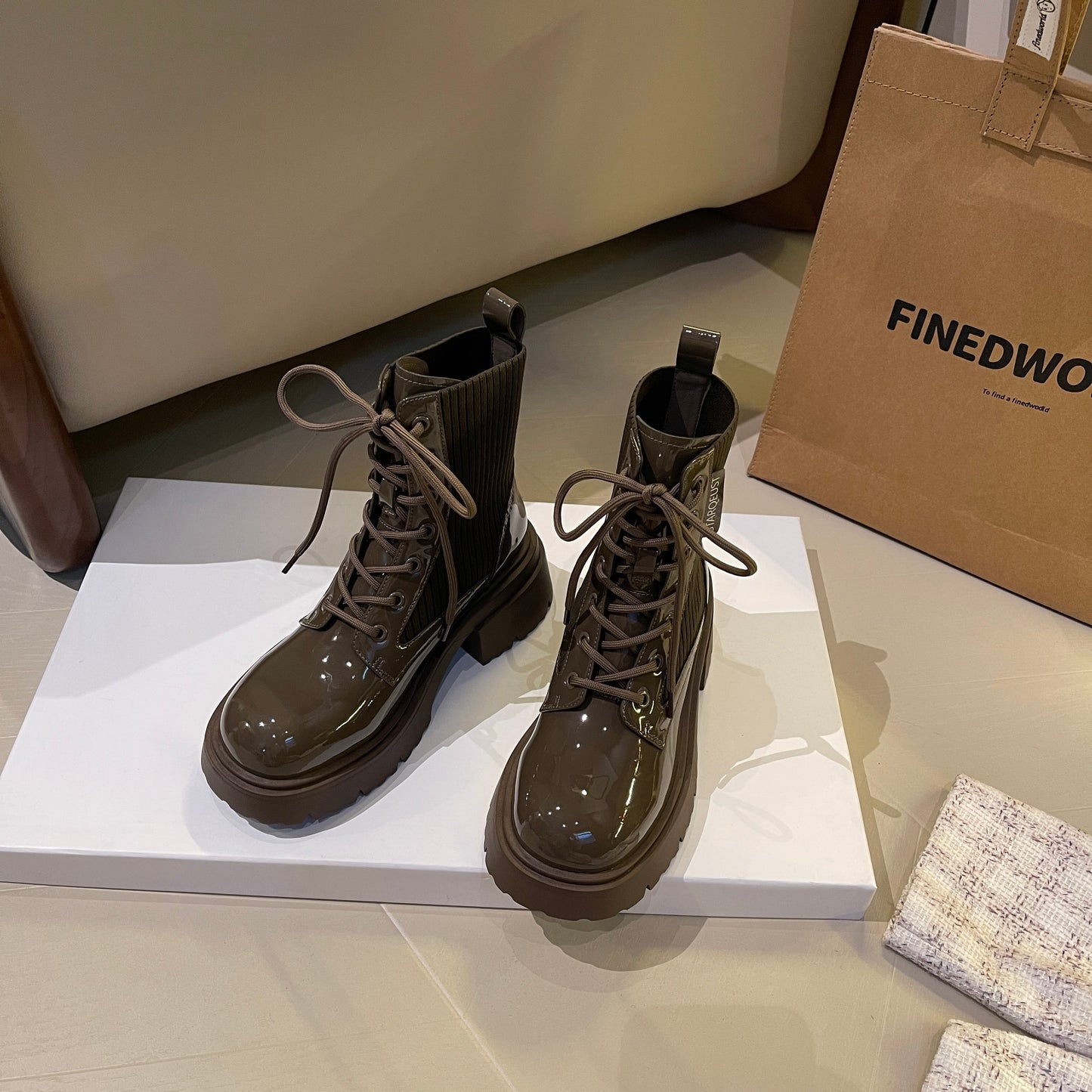 Women's Leather Fabric Blend Combat Boots | Round Toe Laced Platform Boots