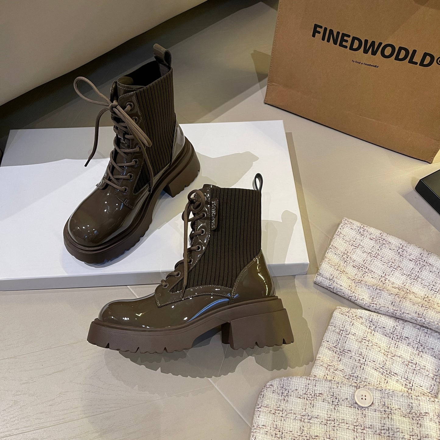 Women's Leather Fabric Blend Combat Boots | Round Toe Laced Platform Boots