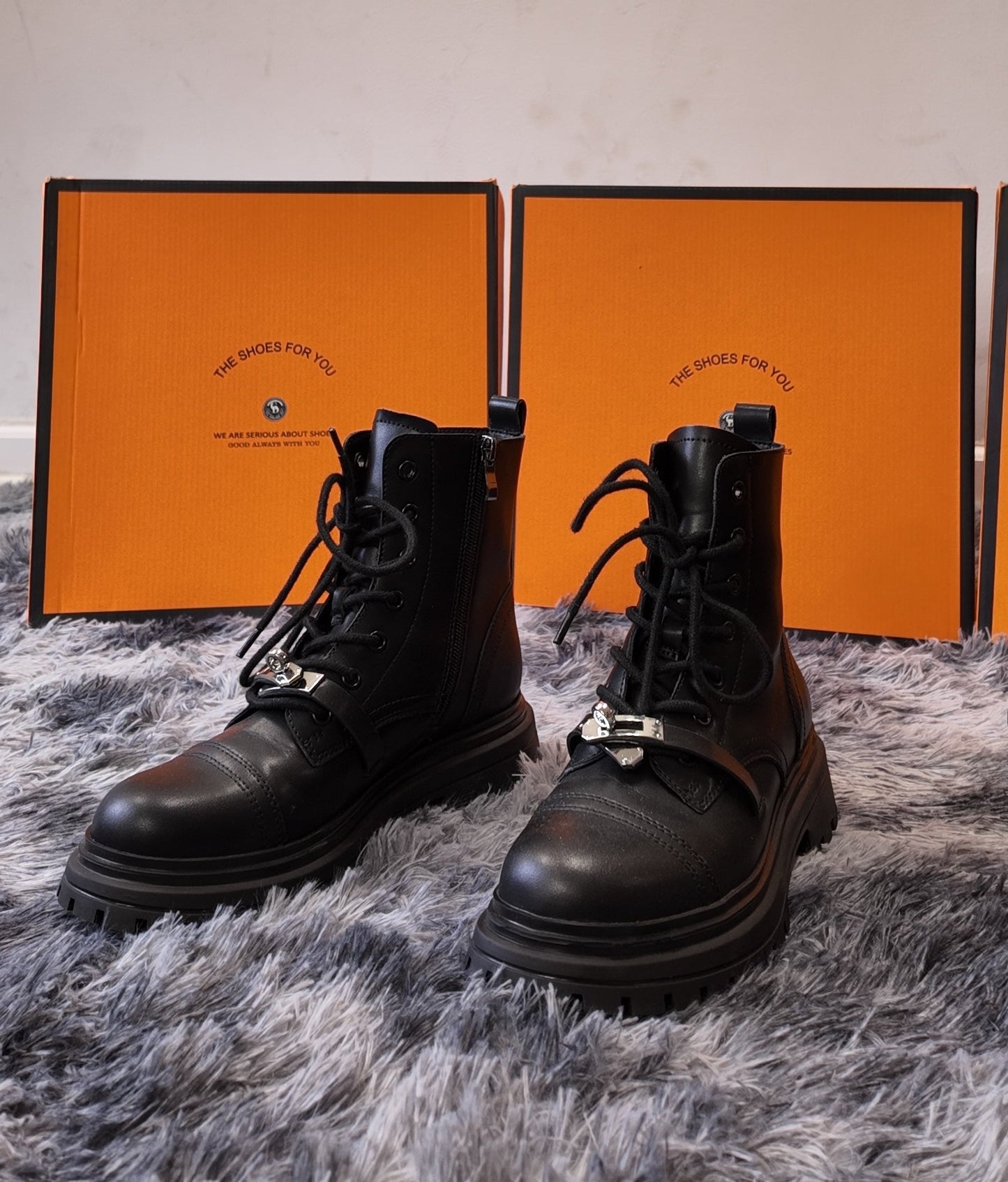 NEW Women's Genuine Leather Combat Boots | Metallic Buckle Detail Ankle Boots | Round Toe Platform Sole