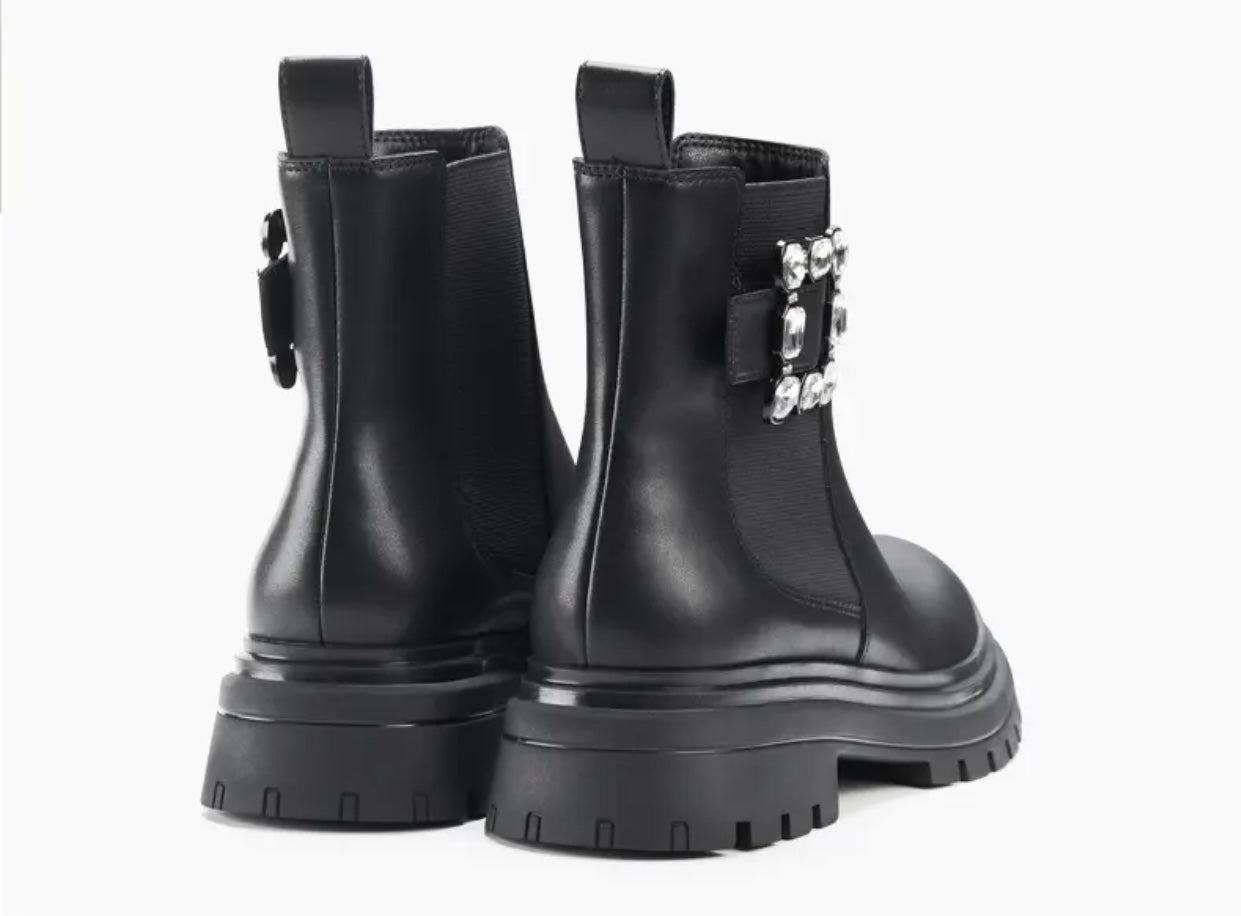 NEW Women's Genuine Leather Chelsea Boots | Square Crystal Decor Ankle Boots | Chunky Sole Chelsea Boots