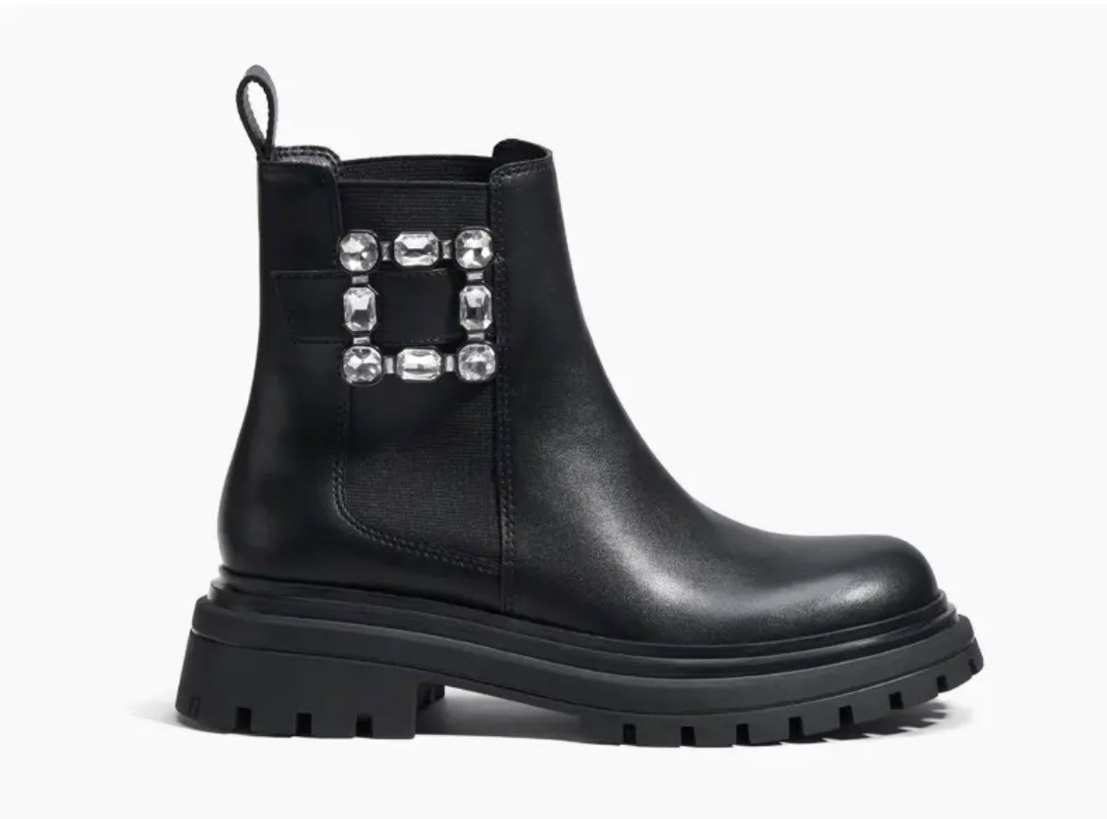 NEW Women's Genuine Leather Chelsea Boots | Square Crystal Decor Ankle Boots | Chunky Sole Chelsea Boots