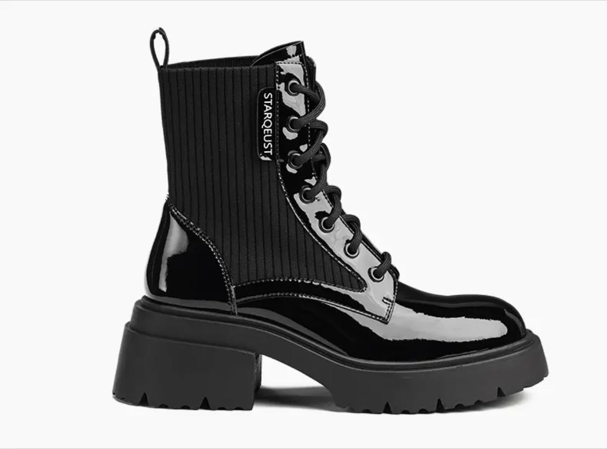 Women's Leather Fabric Blend Combat Boots | Round Toe Laced Platform Boots
