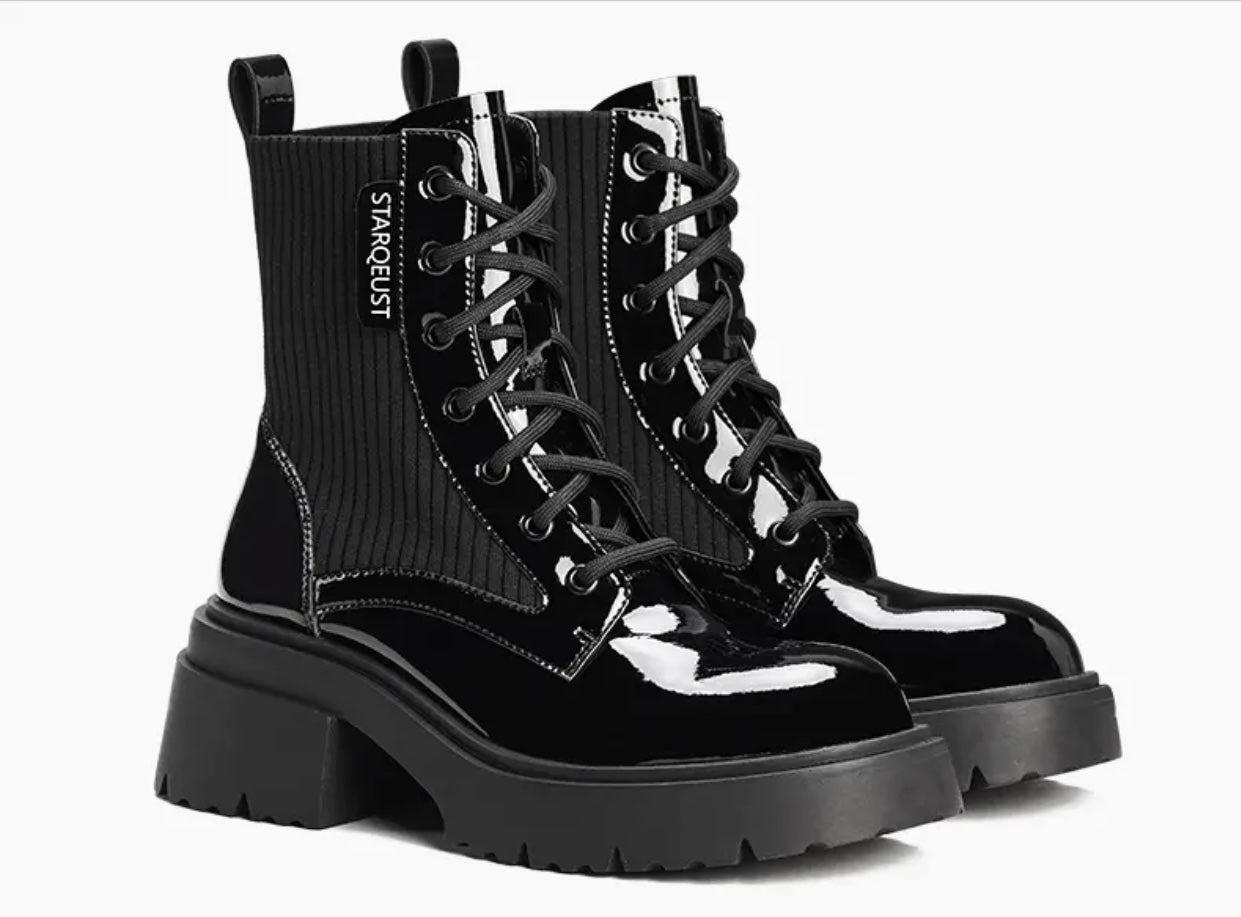 Women's Leather Fabric Blend Combat Boots | Round Toe Laced Platform Boots