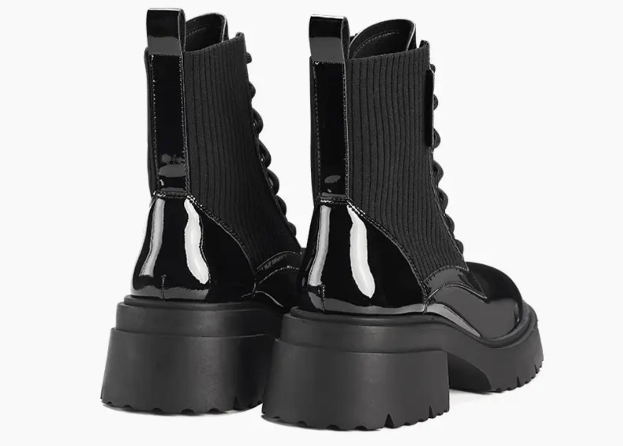 Women's Leather Fabric Blend Combat Boots | Round Toe Laced Platform Boots