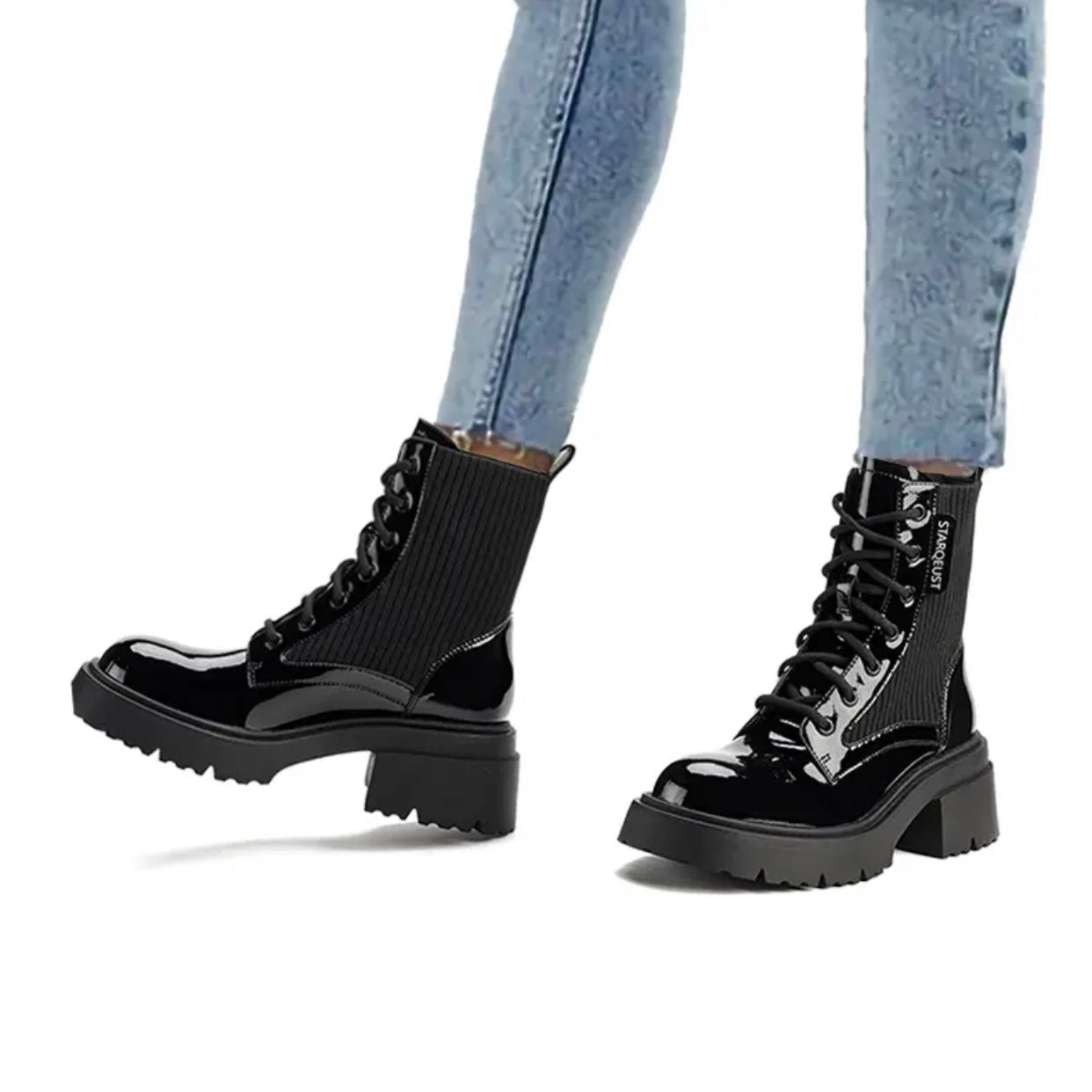 Women's Leather Fabric Blend Combat Boots | Round Toe Laced Platform Boots