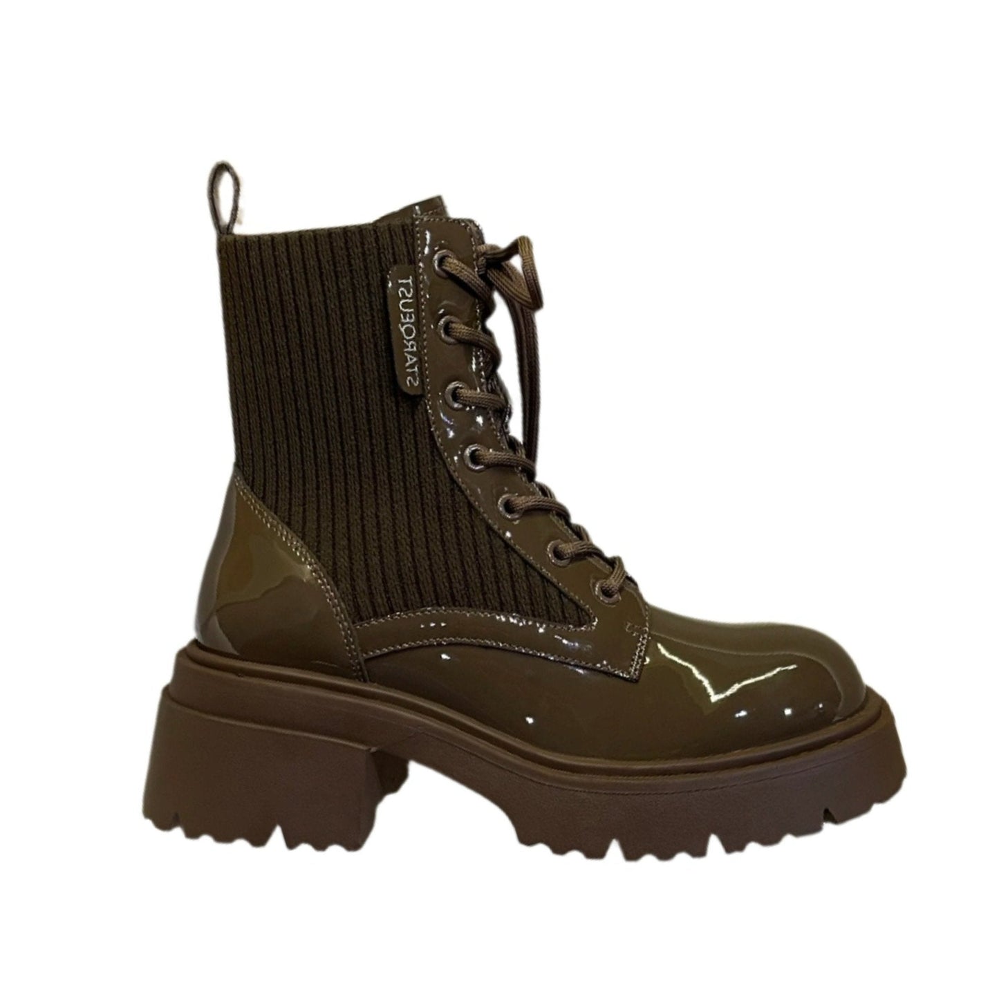Women's Leather Fabric Blend Combat Boots | Round Toe Laced Platform Boots