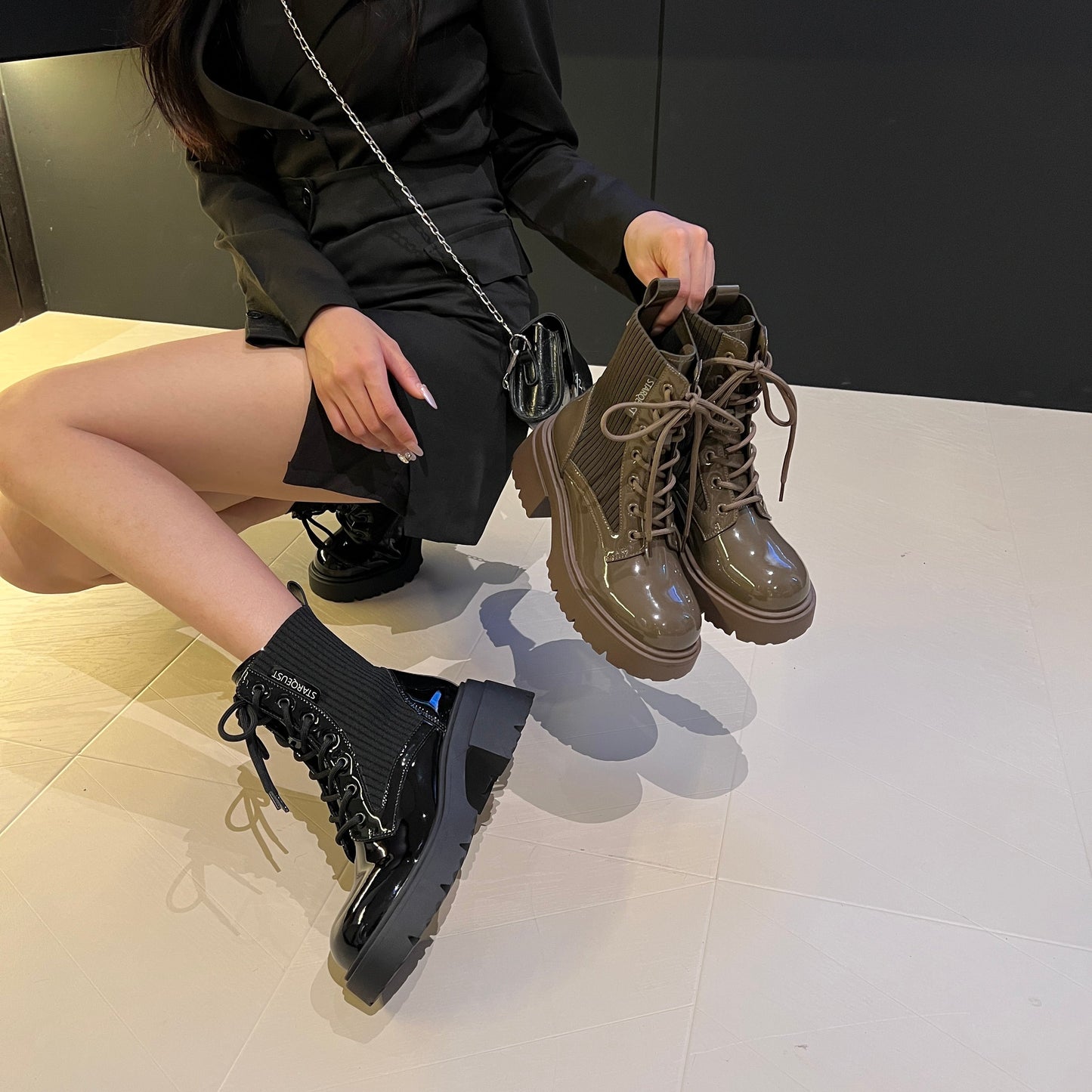 Women's Leather Fabric Blend Combat Boots | Round Toe Laced Platform Boots