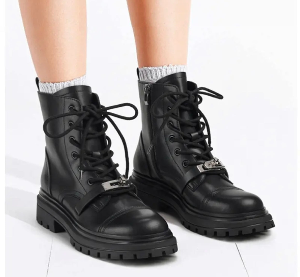 NEW Women's Genuine Leather Combat Boots | Metallic Buckle Detail Ankle Boots | Round Toe Platform Sole