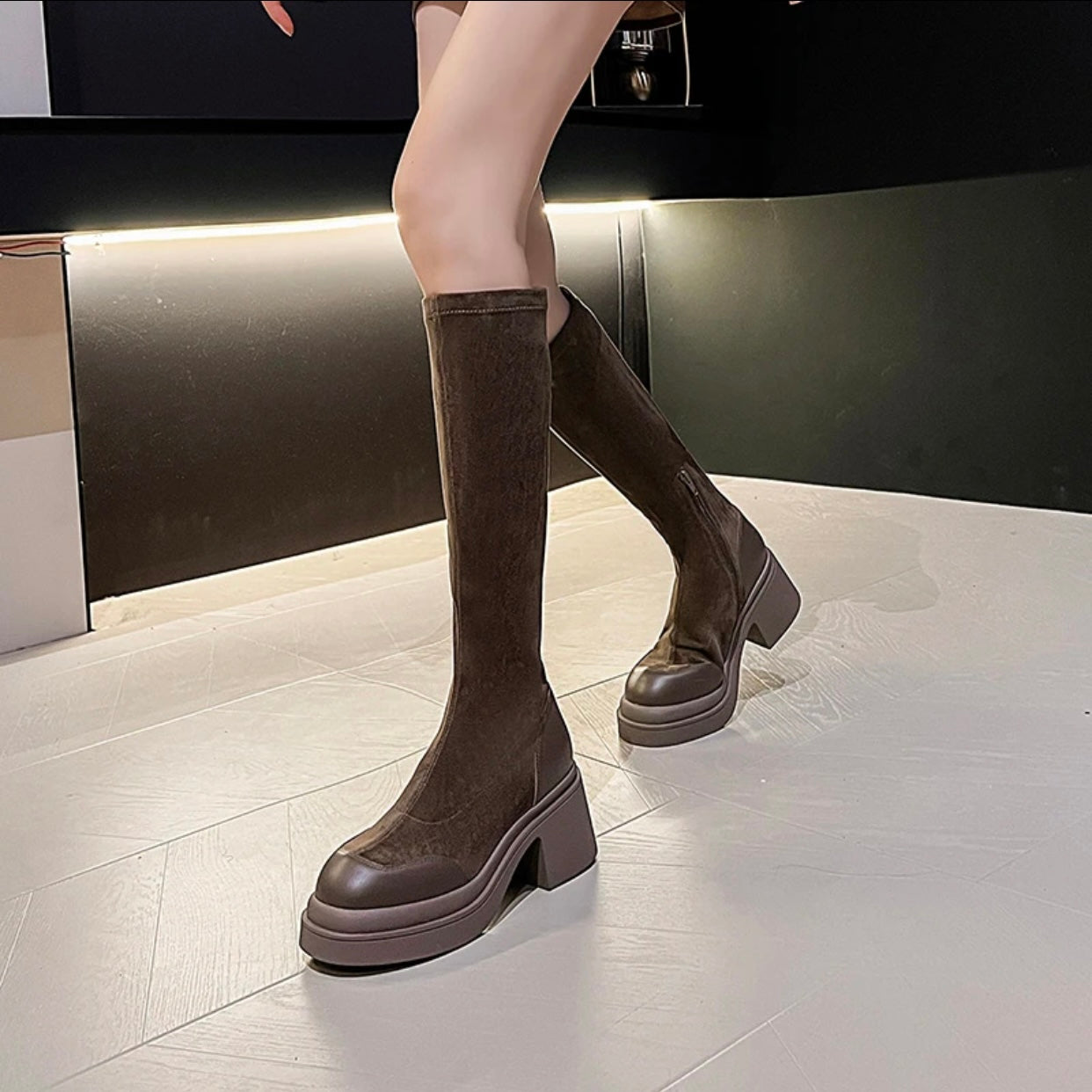 Women's Leather & Fabric Boots | Round Toe Block Heel | Knee Length